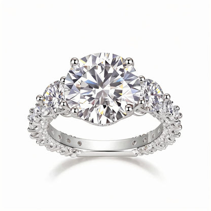 Trilogy Round Moissanite Three Stone Engagement Ring with Hidden Halo in Baskets Pave Setting (5ct. ) - La Pretti