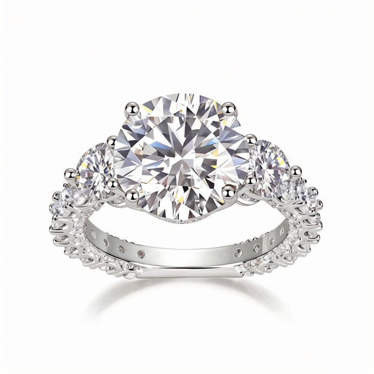 Trilogy Round Moissanite Three Stone Engagement Ring with Hidden Halo in Baskets Pave Setting (5ct. ) - La Pretti