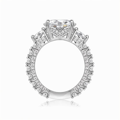 Trilogy Round Moissanite Three Stone Engagement Ring with Hidden Halo in Baskets Pave Setting (5ct. ) - La Pretti