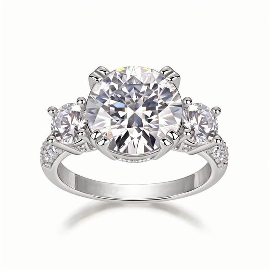 Trilogy Round Moissanite Three Stone Engagement Ring in Pave Setting(5ct. ) - La Pretti
