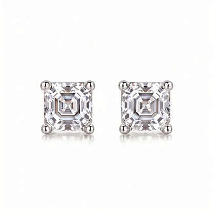 Asscher Moissanite Stud Earrings in 18K White Gold Plated Sterling Silver (2ct. ) - La Pretti