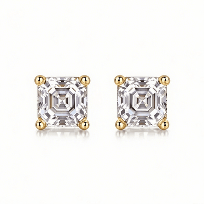 Asscher Moissanite Stud Earrings in 18K White Gold Plated Sterling Silver (2ct. ) - La Pretti