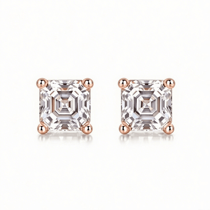 Asscher Moissanite Stud Earrings in 18K White Gold Plated Sterling Silver (2ct. ) - La Pretti