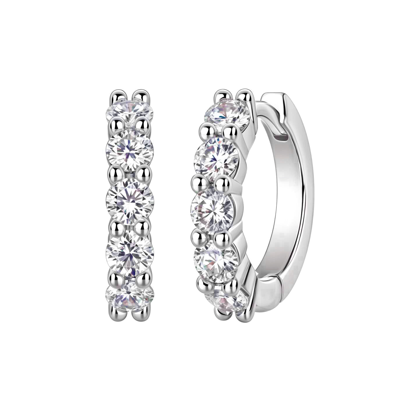 Huggie Moissanite Hoop Earrings with Shared Prongs in 18K White Gold Plated Sterling Silver - La Pretti