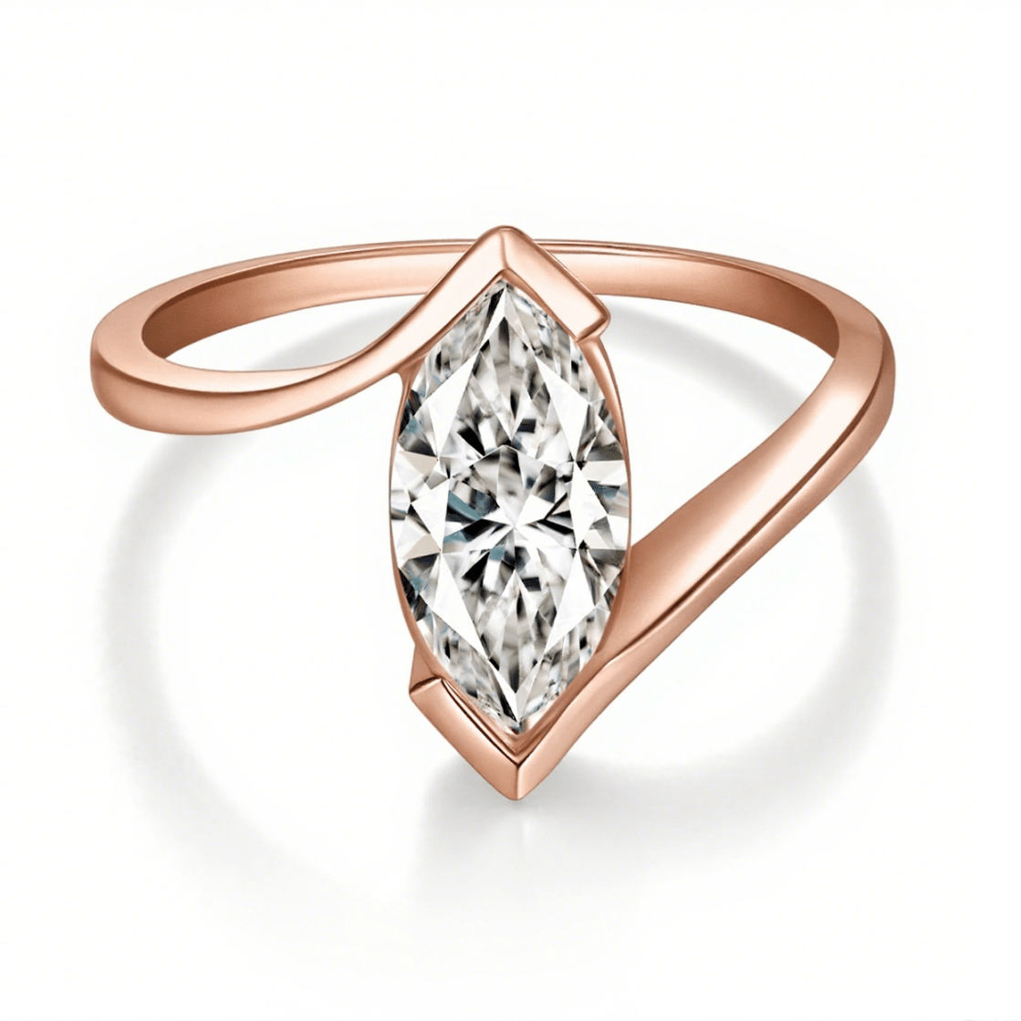 Solitaire Marquise Moissanite Half Bezel Engagement Ring in Curved Bypass (1ct. ) - La Pretti