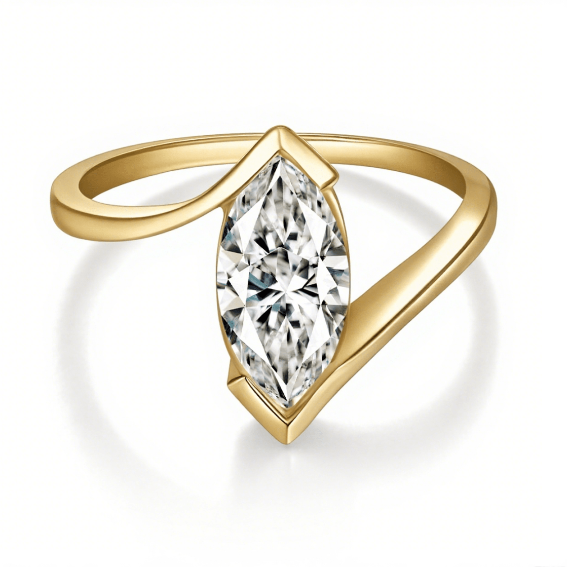 Solitaire Marquise Moissanite Half Bezel Engagement Ring in Curved Bypass (1ct. ) - La Pretti