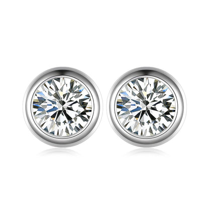 Round Moissanite Full Bezel - Set Stud Earrings in 18K White Gold Plated Sterling Silver (1 - 2ct. ) - La Pretti