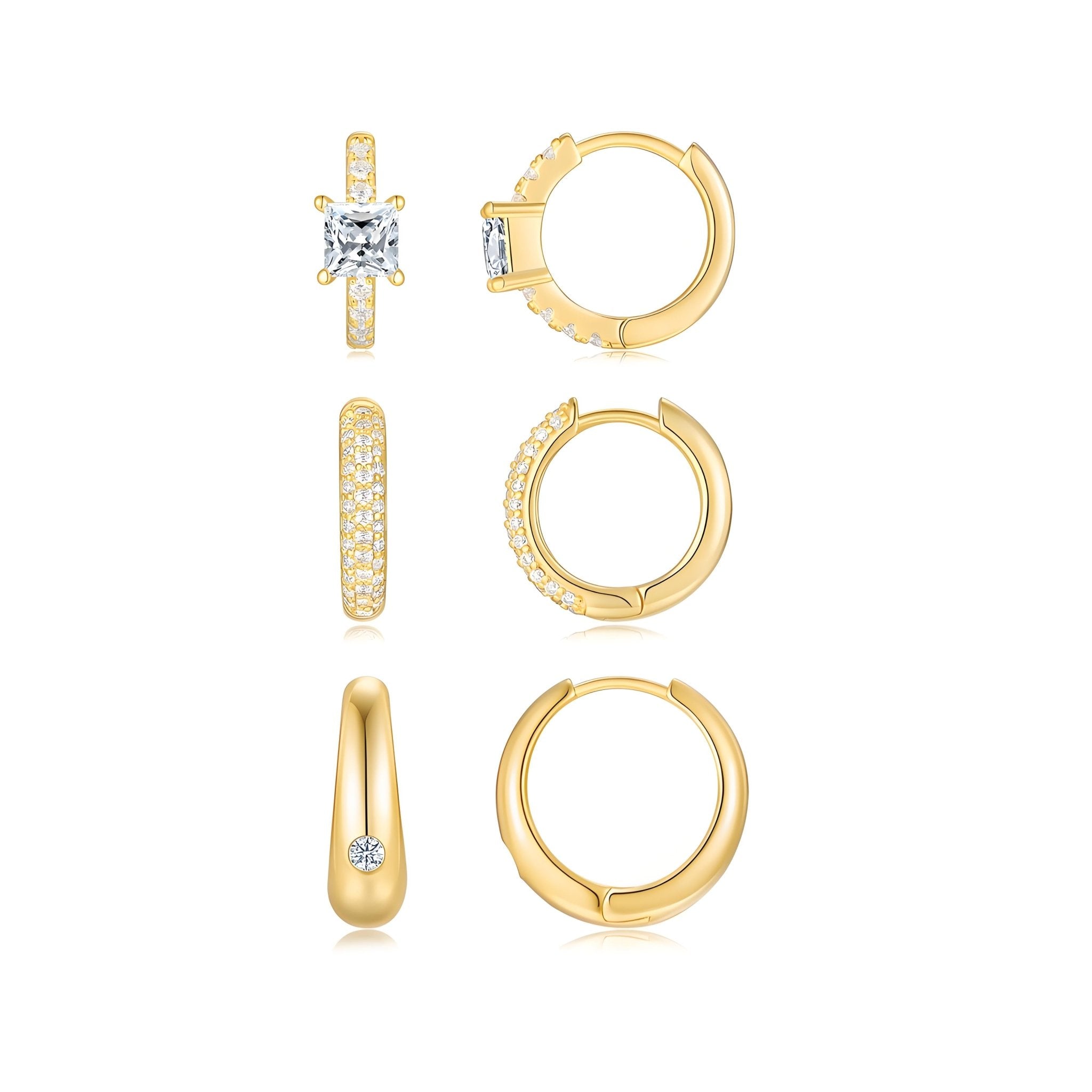 Golden Hoop Earrings Moisssanite 3 Huggie Pairs Set - La Pretti