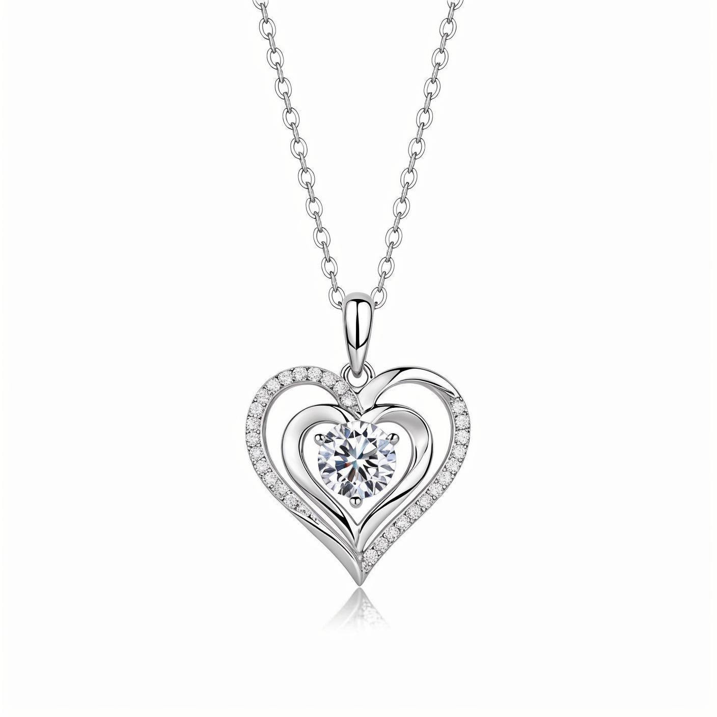 Nested Heart Moissanite Pendant Necklace in Double Floating Halo with Standard Bail (1ct. ) - La Pretti