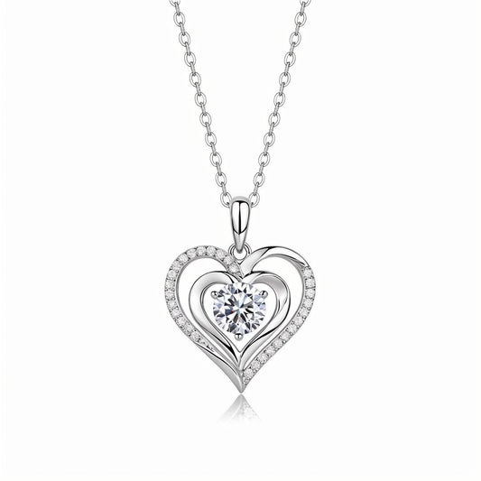 Nested Heart Moissanite Pendant Necklace in Double Floating Halo with Standard Bail (1ct. ) - La Pretti