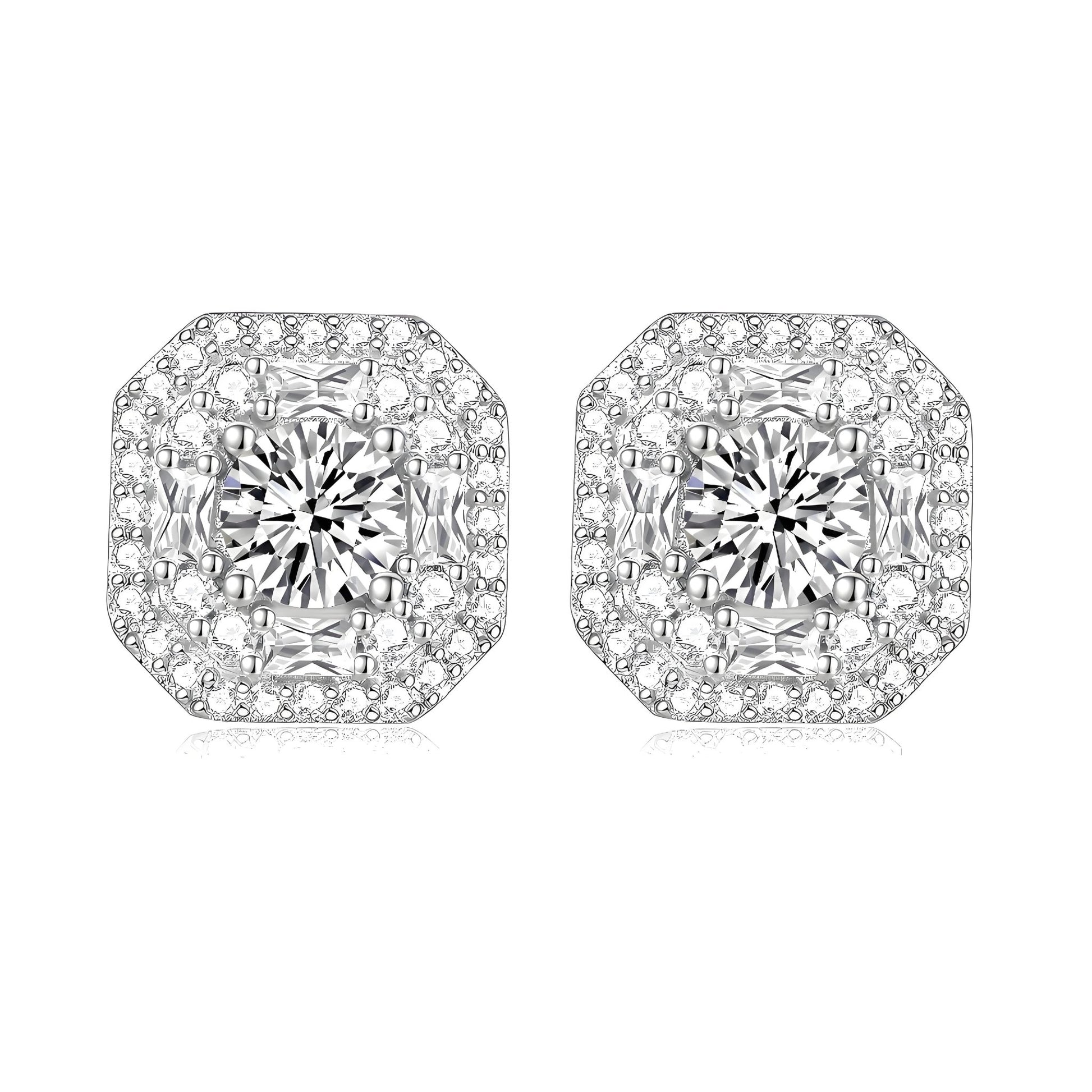 Double Octagonal Halo Moissanite Stud Earrings in 18K White Gold Plated Sterling Silver (1ct. ) - La Pretti