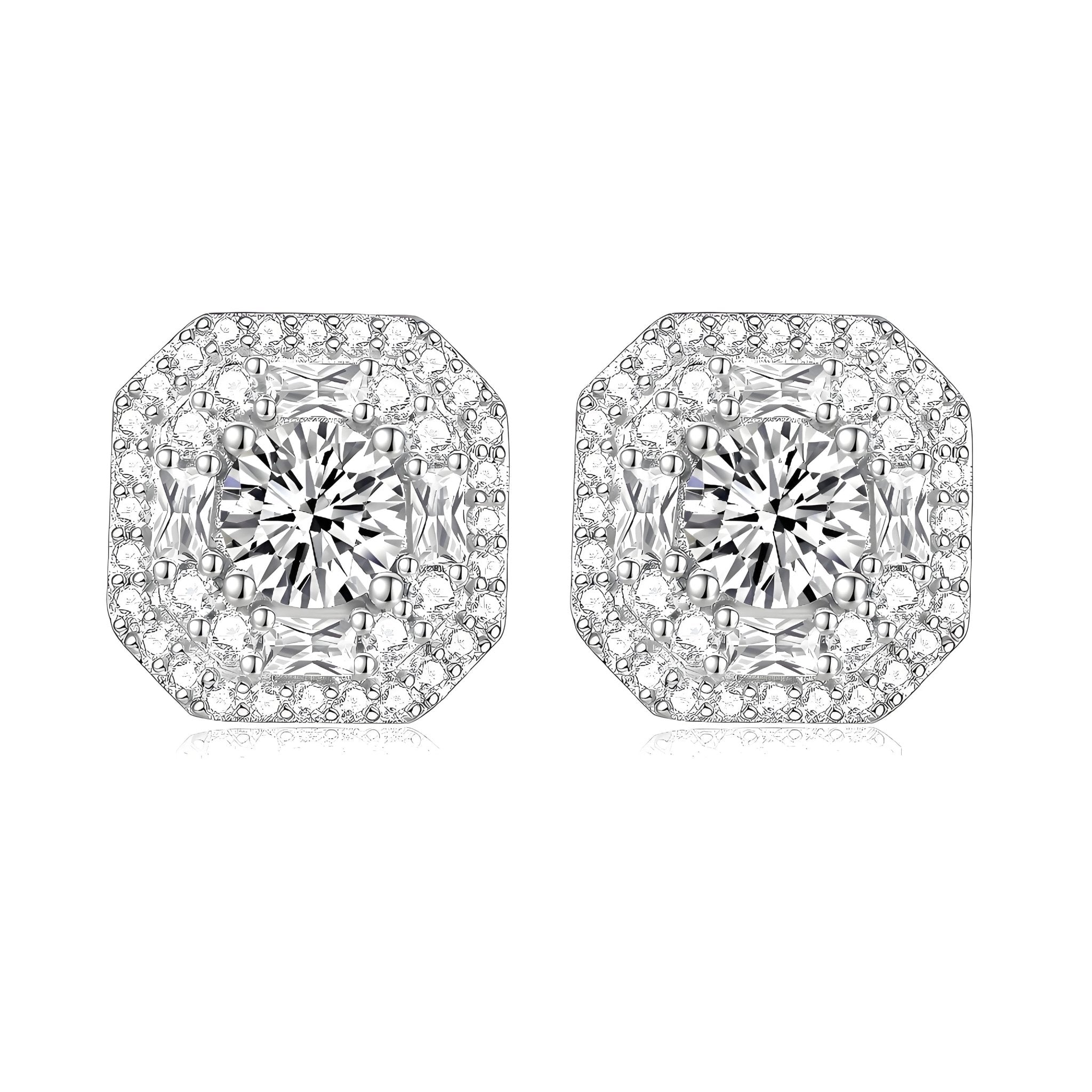 Double Octagonal Halo Moissanite Stud Earrings in 18K White Gold Plated Sterling Silver (1ct. ) - La Pretti