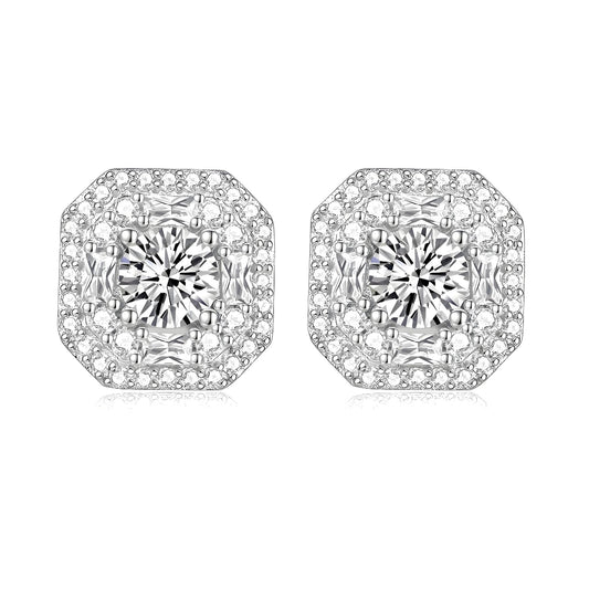 Double Octagonal Halo Moissanite Stud Earrings in 18K White Gold Plated Sterling Silver (1ct. ) - La Pretti