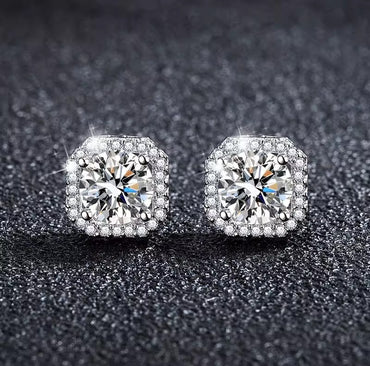 Double Octagonal Halo Moissanite Stud Earrings in 18K White Gold Plated Sterling Silver (1ct. ) - La Pretti
