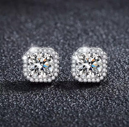 Double Octagonal Halo Moissanite Stud Earrings in 18K White Gold Plated Sterling Silver (1ct. ) - La Pretti