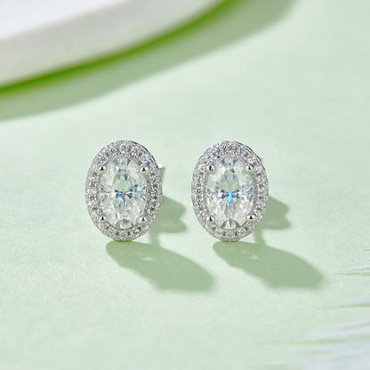 Oval Halo Moissanite Stud Earrings 18K White Gold Plated Sterling Silver - La Pretti