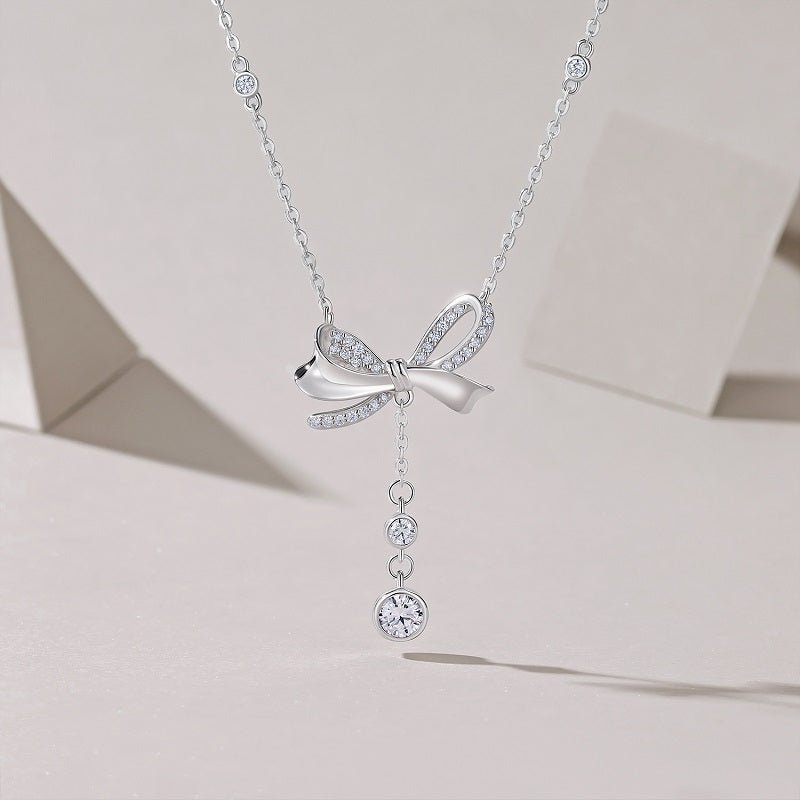 Bow Ribbon Moissanite Dangling Bezels Pendant Necklace in Pave Setting - La Pretti