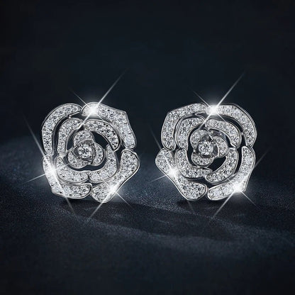 Pave Rose Filigree Moissanite Stud Earrings with Round Center Stone - La Pretti