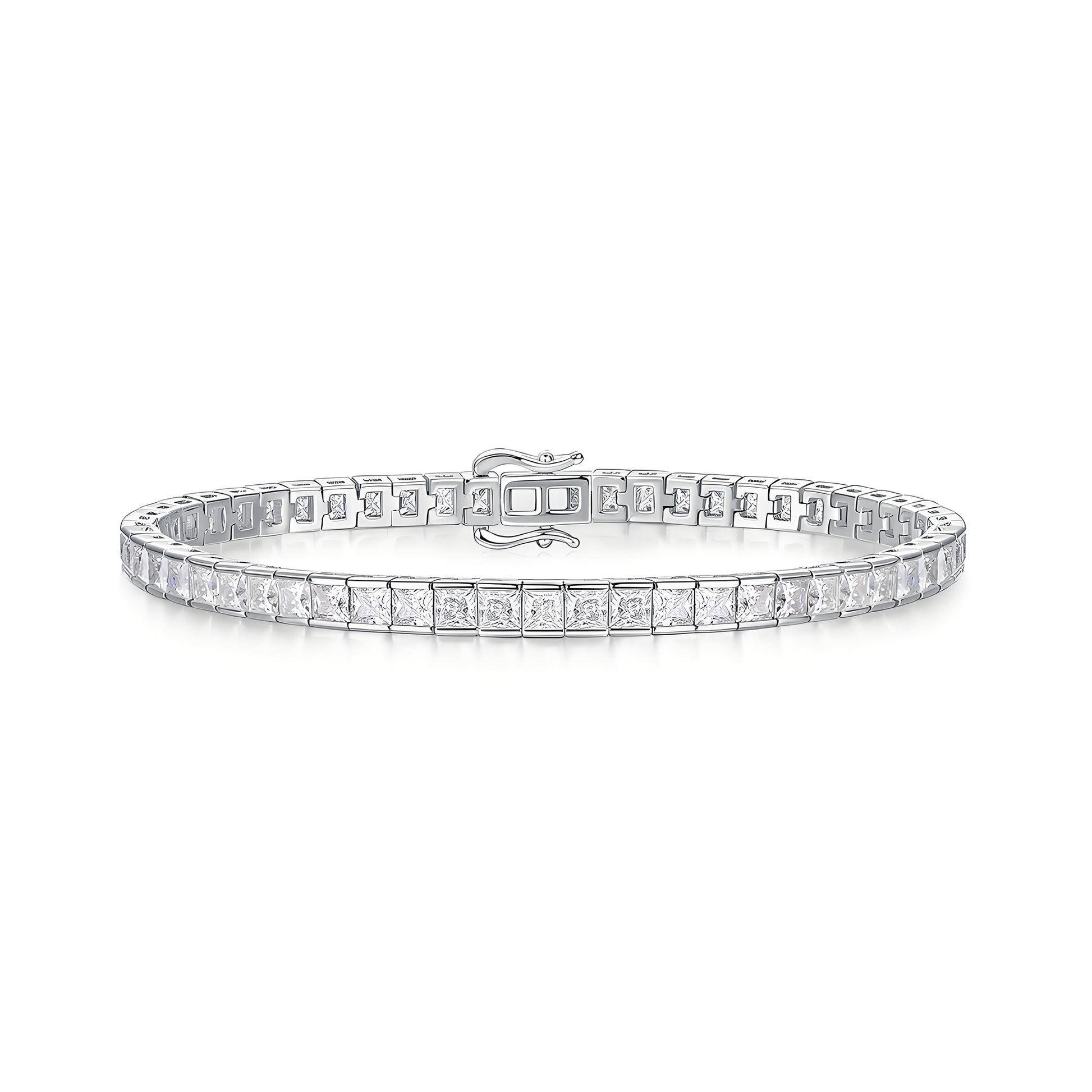 Princess Cut Moissanite Tennis Bracelet in Half Bezel Channel Setting with Tab - inserted Clasp - La Pretti