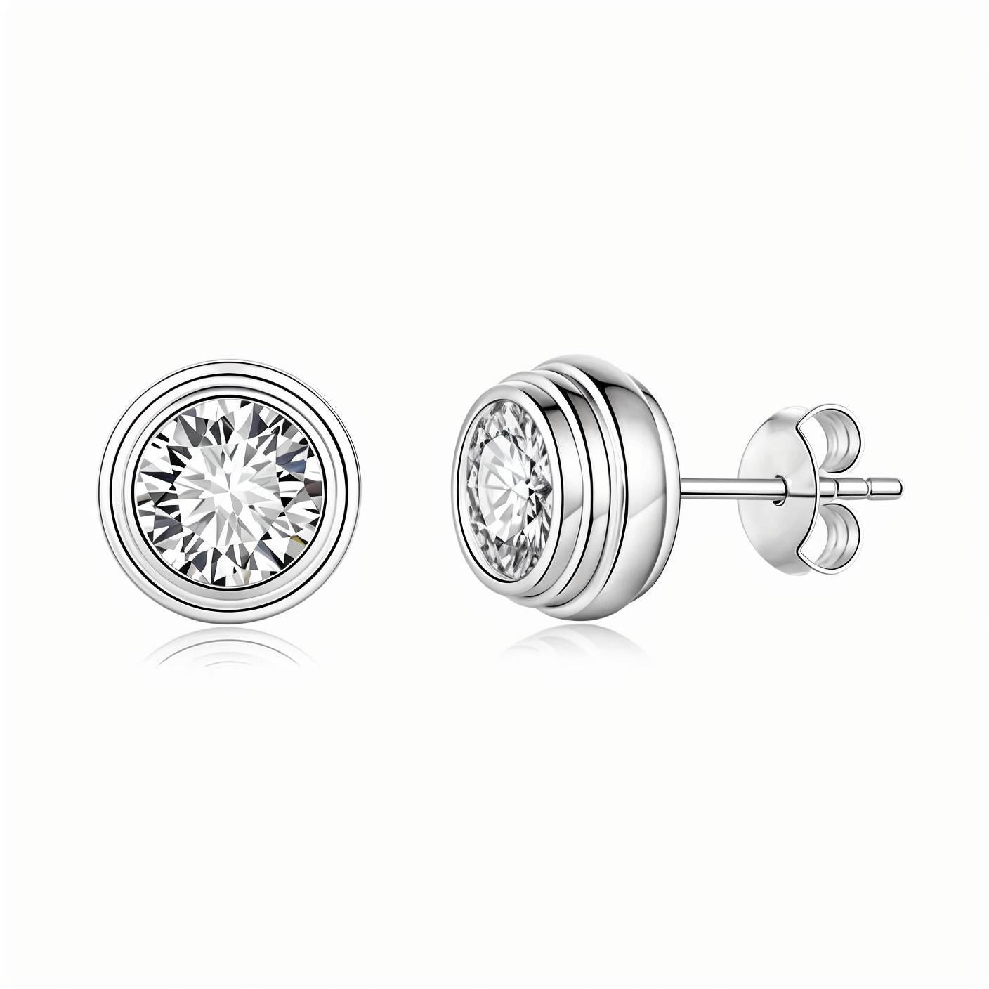 Round Moissanite Full Nested Tiple Bezel Stud Earrings - La Pretti