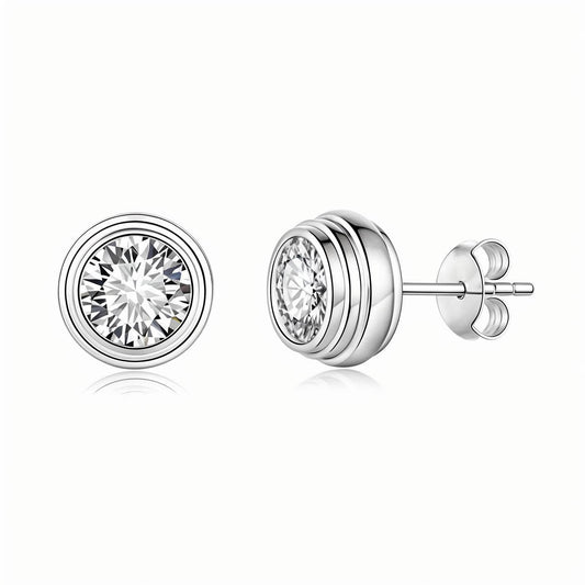 Round Moissanite Full Nested Tiple Bezel Stud Earrings - La Pretti