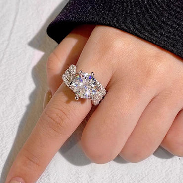 Round Moissanite Solitaire Engagement Ring in Three Row Fully Paved Band (5ct. ) - La Pretti