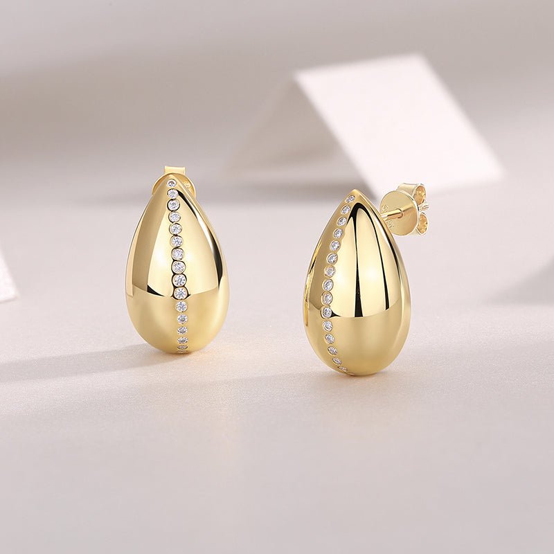 Teardrop Golden Stud Earrings with Accents Pave Settings - La Pretti