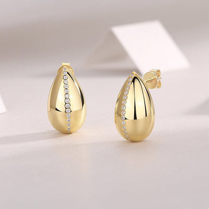 Teardrop Golden Stud Earrings with Accents Pave Settings - La Pretti