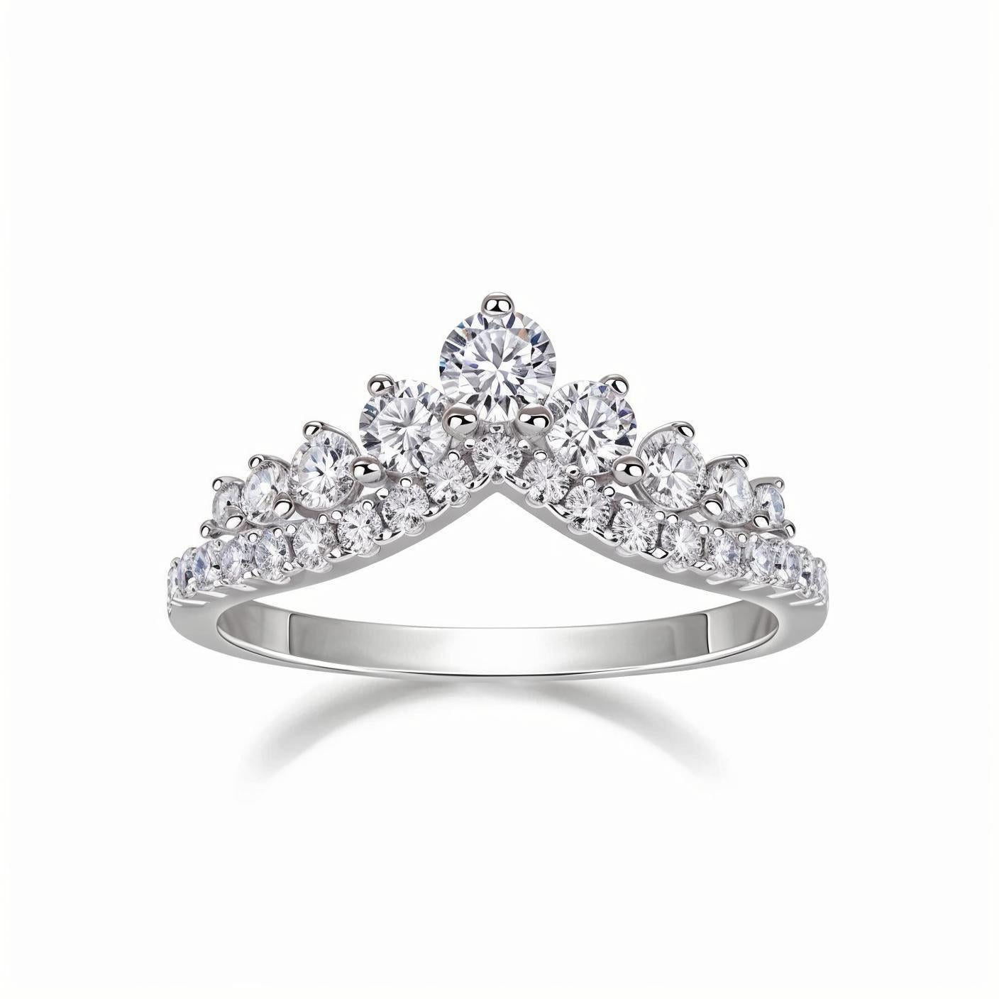 Tiara Moisssanite Wishbone Ring of Chevron Wedding Bands with Stackable Crown in Double Pave Setting - La Pretti