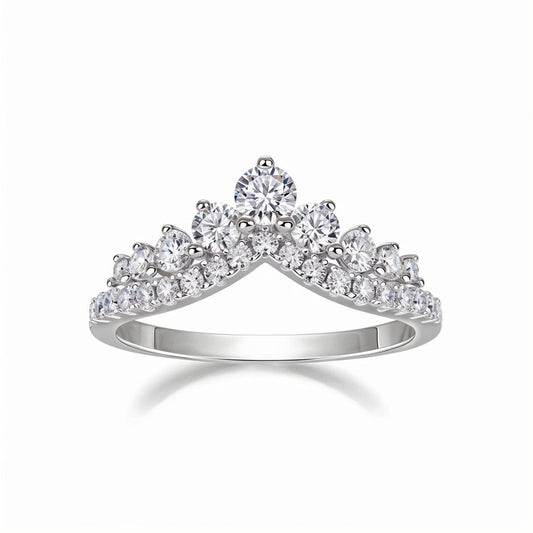 Tiara Moisssanite Wishbone Ring of Chevron Wedding Bands with Stackable Crown in Double Pave Setting - La Pretti