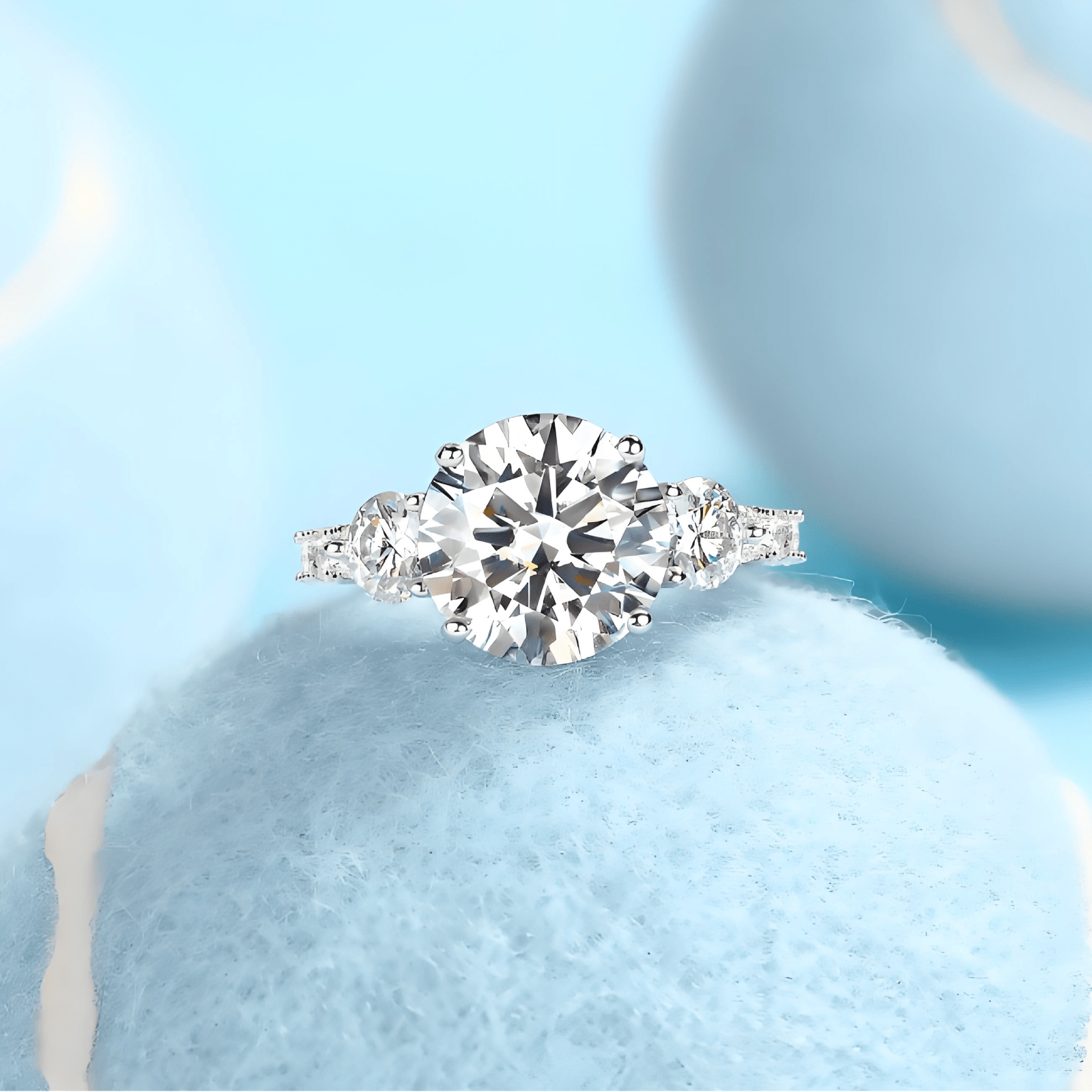 Trilogy Round Moissanite Three Stone Engagement Ring with Hidden Halo in Baskets Pave Setting (5ct. ) - La Pretti