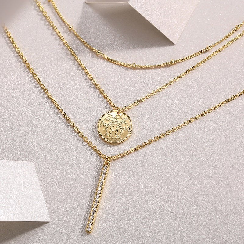 Trio Layered Moissanite Y Necklace of Golden Medallion with Station Ball Chain - La Pretti