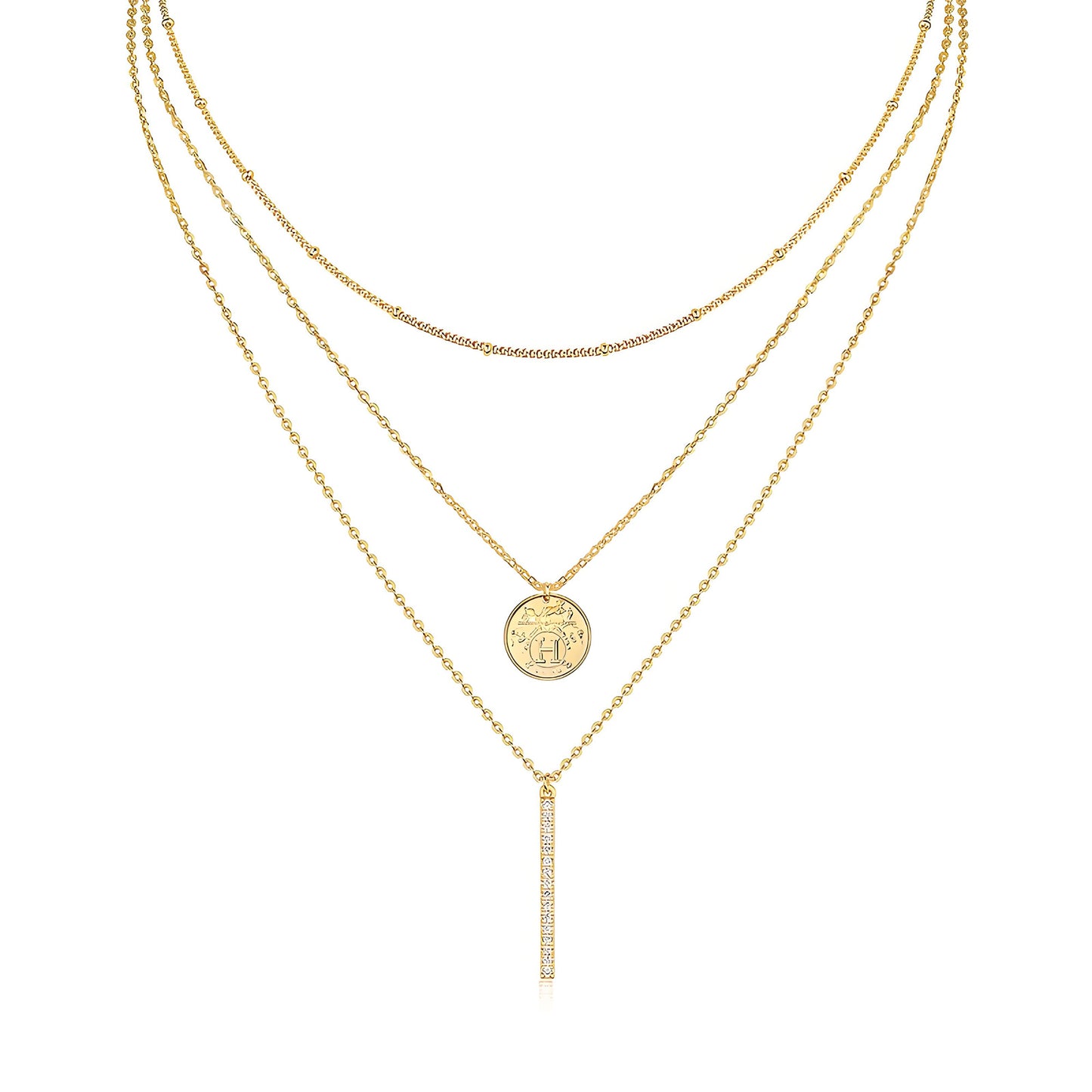 Trio Layered Moissanite Y Necklace of Golden Medallion with Station Ball Chain - La Pretti
