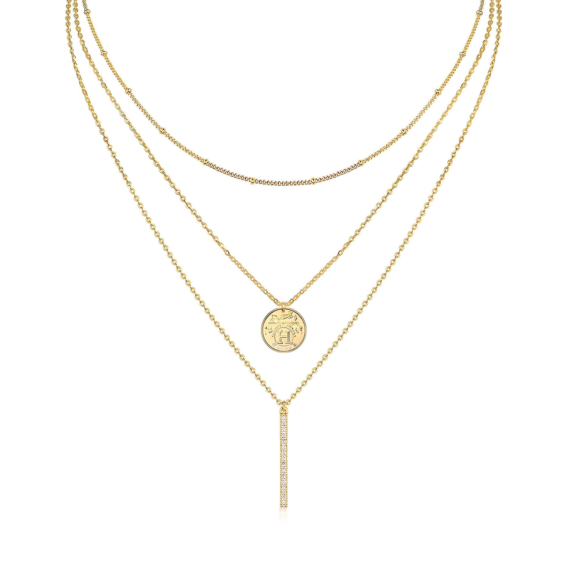 Trio Layered Moissanite Y Necklace of Golden Medallion with Station Ball Chain - La Pretti