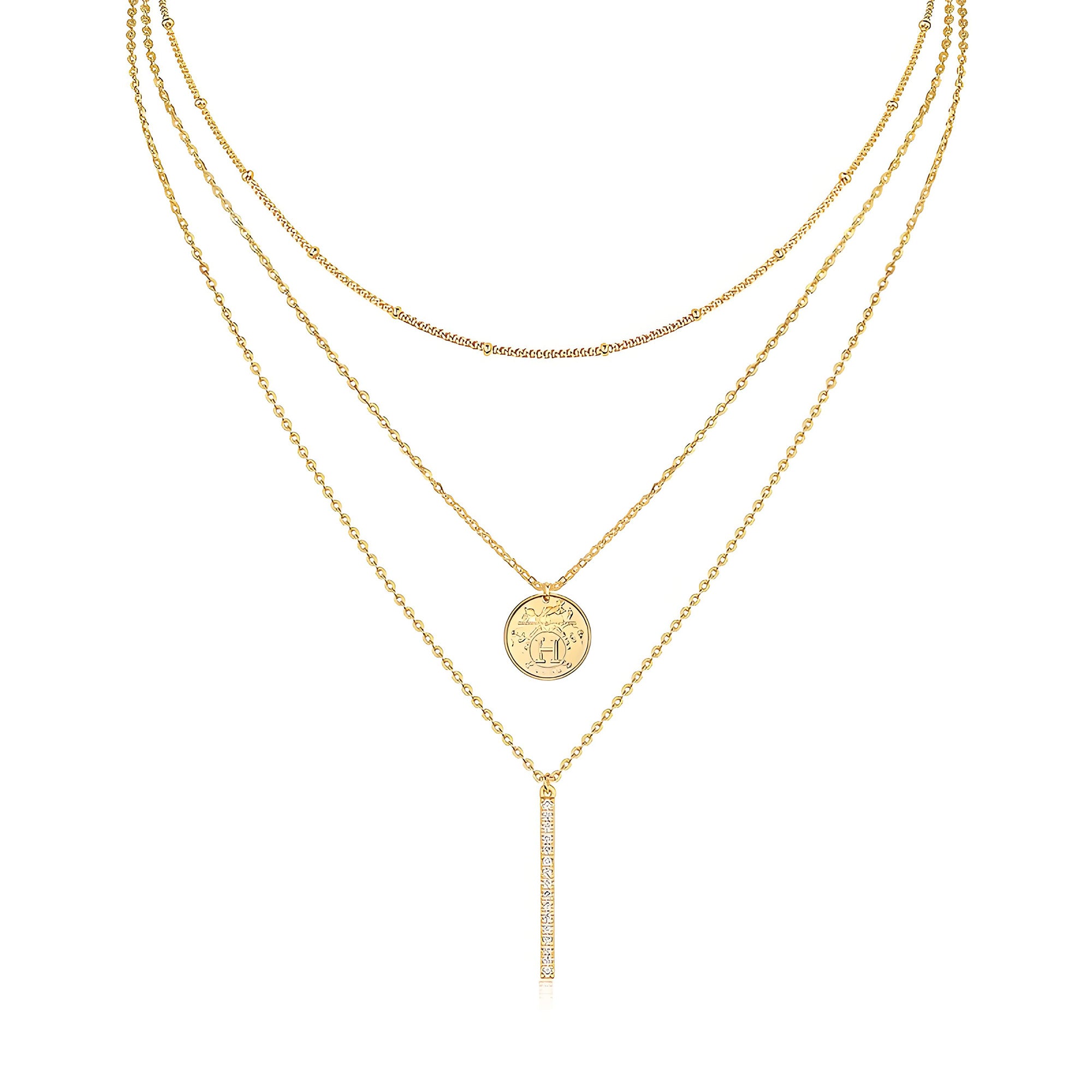 Trio Layered Moissanite Y Necklace of Golden Medallion with Station Ball Chain - La Pretti