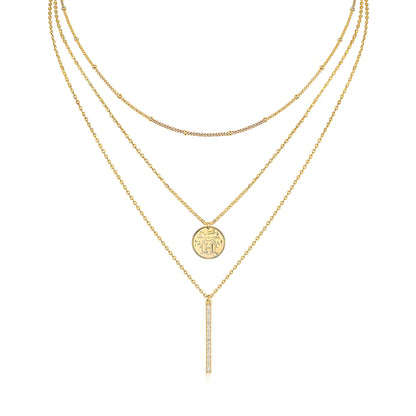 Trio Layered Moissanite Y Necklace of Golden Medallion with Station Ball Chain - La Pretti
