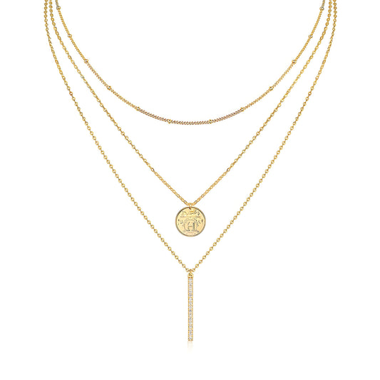 Trio Layered Moissanite Y Necklace of Golden Medallion with Station Ball Chain - La Pretti