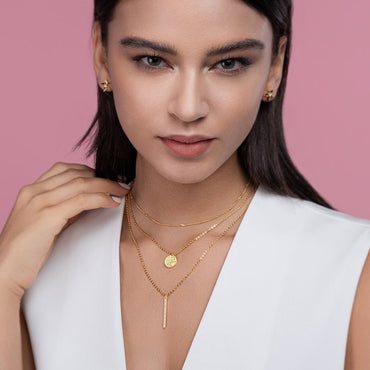 Trio Layered Moissanite Y Necklace of Golden Medallion with Station Ball Chain - La Pretti