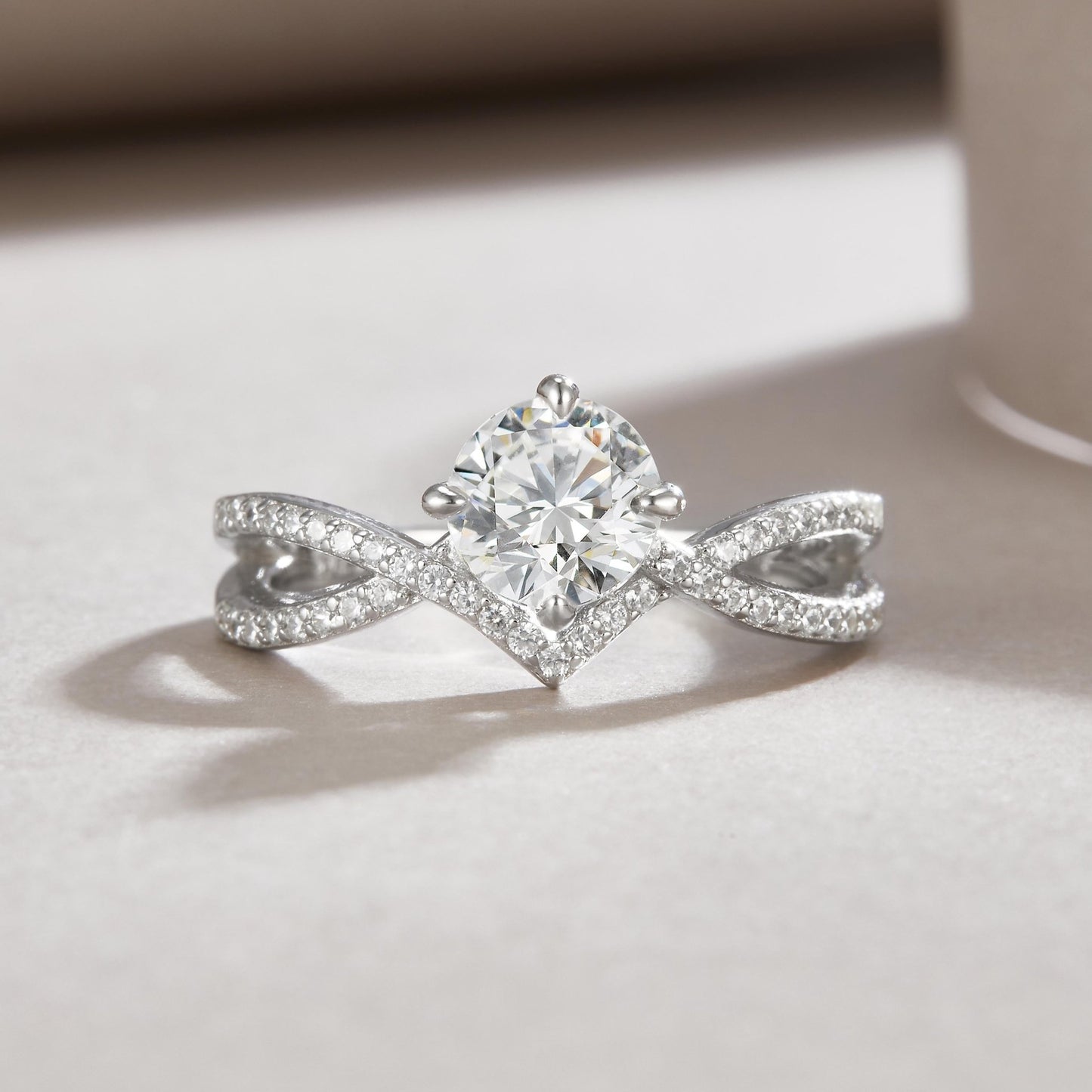 Twisted Infinity Round Moissanite Solitaire Engagement Ring Josephine Design in Pave Setting (1ct. ) - La Pretti