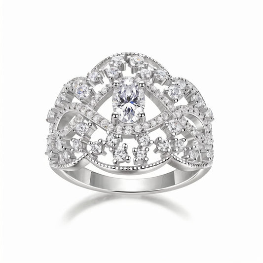 Vintage Filigree Moissanite Oval Cut Engagement Ring with Intricate Cluster Accented in Openwork Pave Setting (0.5ct. ) - La Pretti