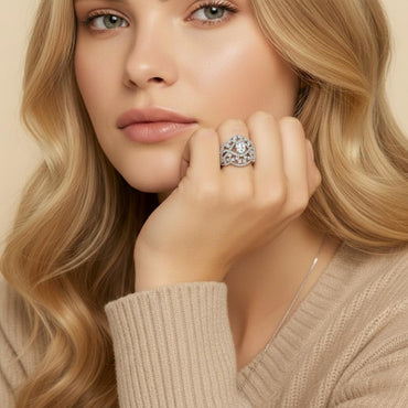 Vintage Filigree Moissanite Oval Cut Engagement Ring with Intricate Cluster Accented in Openwork Pave Setting (0.5ct. ) - La Pretti