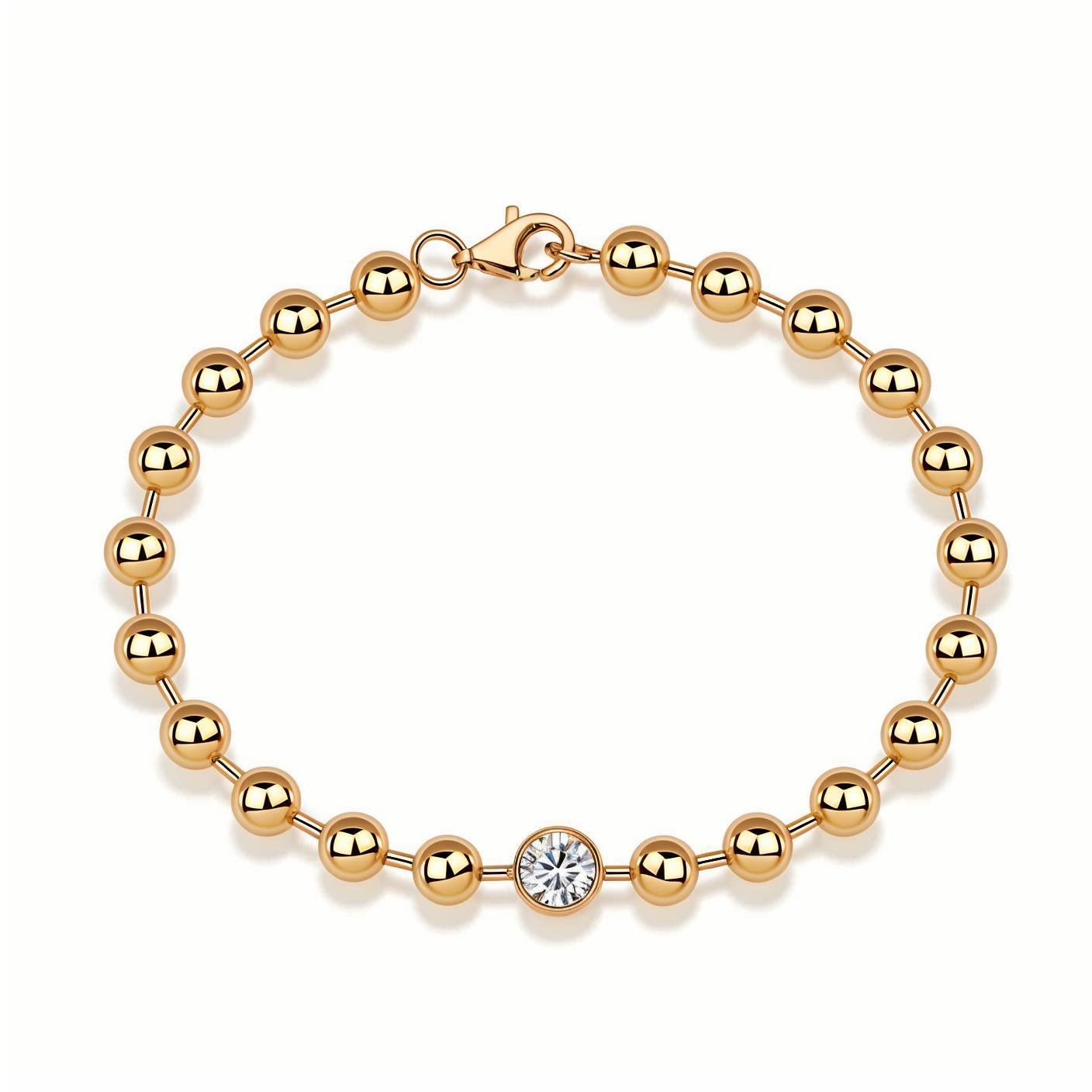 Golden Ball Chain Focal Bead of Moissanite Bracelet Round Bezel with Lobster Claw Clasp - La Pretti