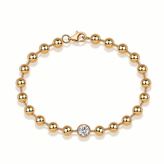 Golden Ball Chain Focal Bead of Moissanite Bracelet Round Bezel with Lobster Claw Clasp - La Pretti