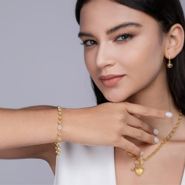 Golden Ball Chain Focal Bead of Moissanite Bracelet Round Bezel with Lobster Claw Clasp - La Pretti