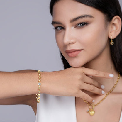 Golden Ball Chain Focal Bead of Moissanite Bracelet Round Bezel with Lobster Claw Clasp - La Pretti