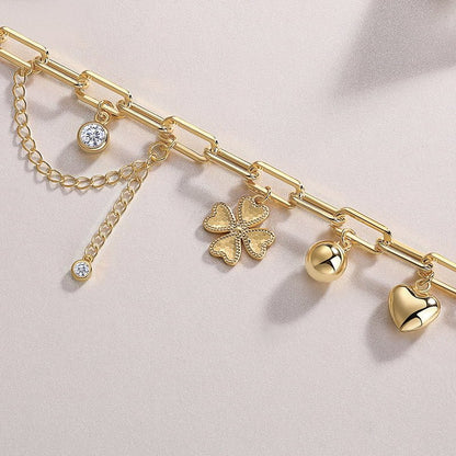 Golden Bracelet Paperclip Chain of Clover Puff Heart&Orb Charms with Moissanite Round Bezel Links - La Pretti