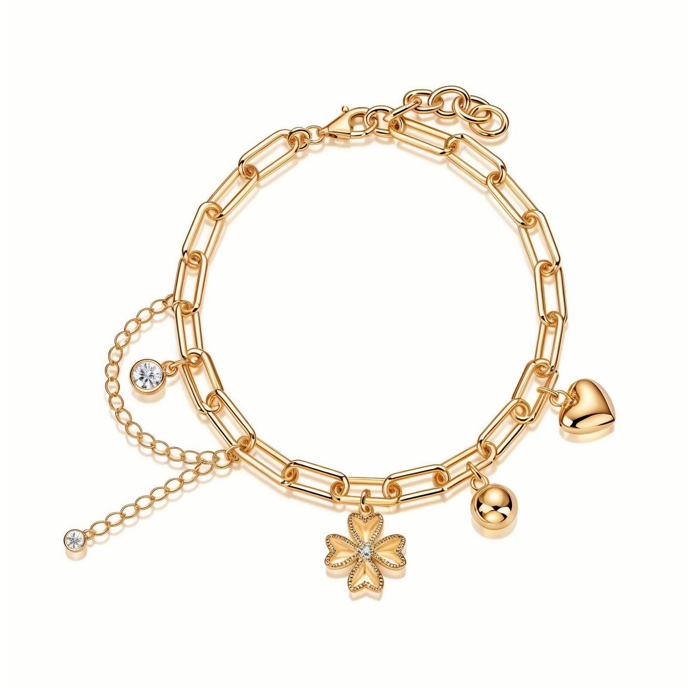 Golden Bracelet Paperclip Chain of Clover Puff Heart&Orb Charms with Moissanite Round Bezel Links - La Pretti