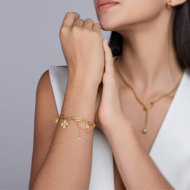 Golden Bracelet Paperclip Chain of Clover Puff Heart&Orb Charms with Moissanite Round Bezel Links - La Pretti