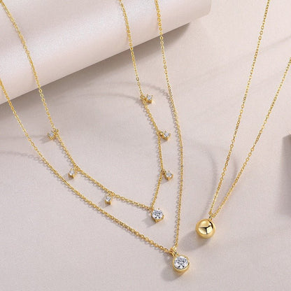 Trio Layered Moissanite Station Necklace of Round Bezel with Golden Ball Set (1ct. ) - La Pretti
