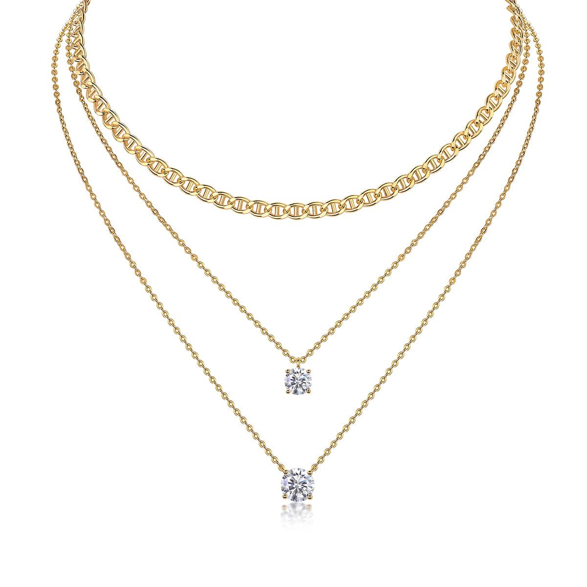 Golden Mariner Chain Double Moisssanite Layered Necklace with Anchor Chain Spooled Set (2ct. ) - La Pretti